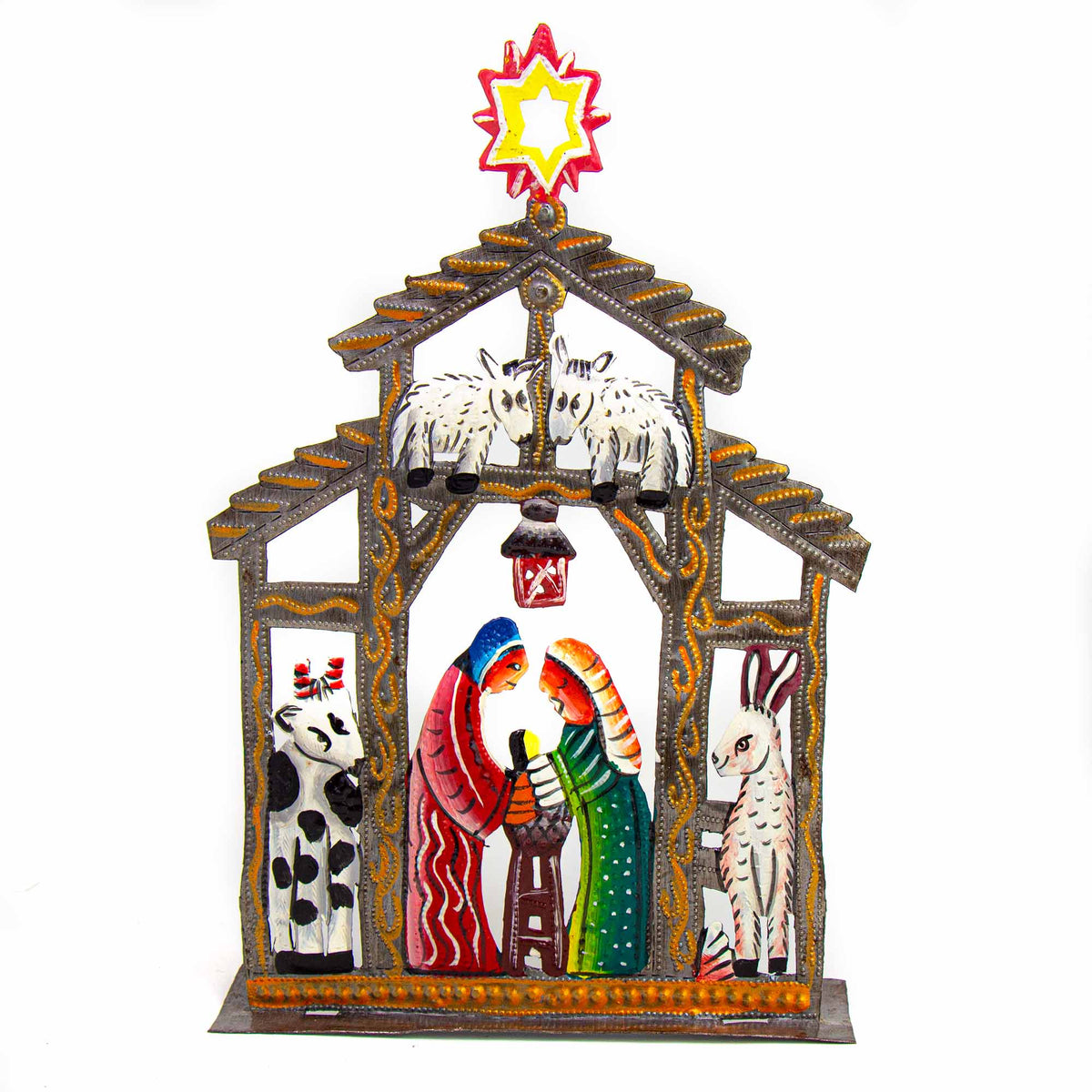 Crèche de Noël sur table — animaux de la ferme, métal