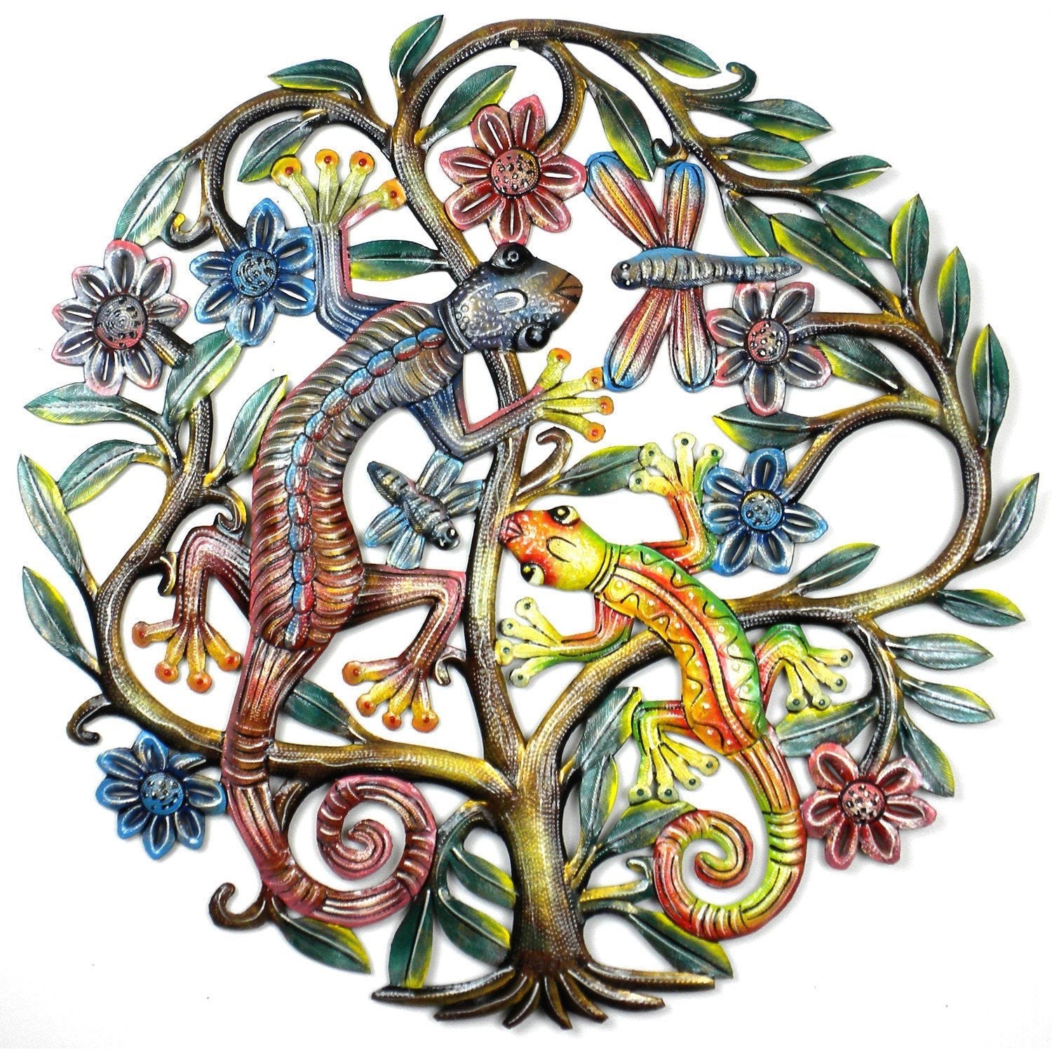 Arbre de Vie avec gecko peint — art mural en métal, 24 po