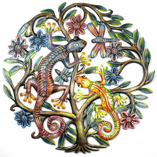 Arbre de Vie avec gecko peint — art mural en métal, 24 po